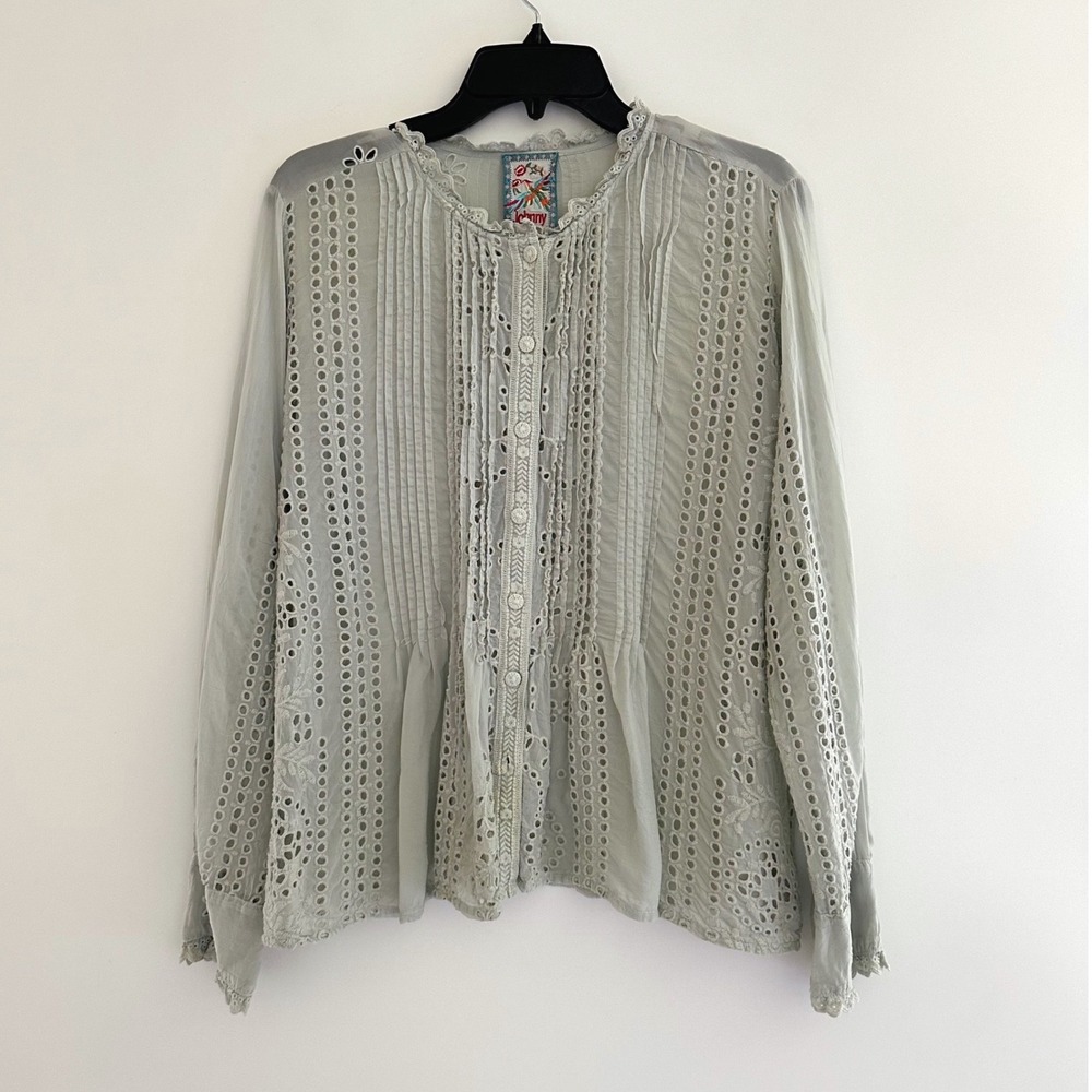 Johnny Was Eyelet Lace Pintuck Button Down Blouse Large Boho Sheer Cottagecore